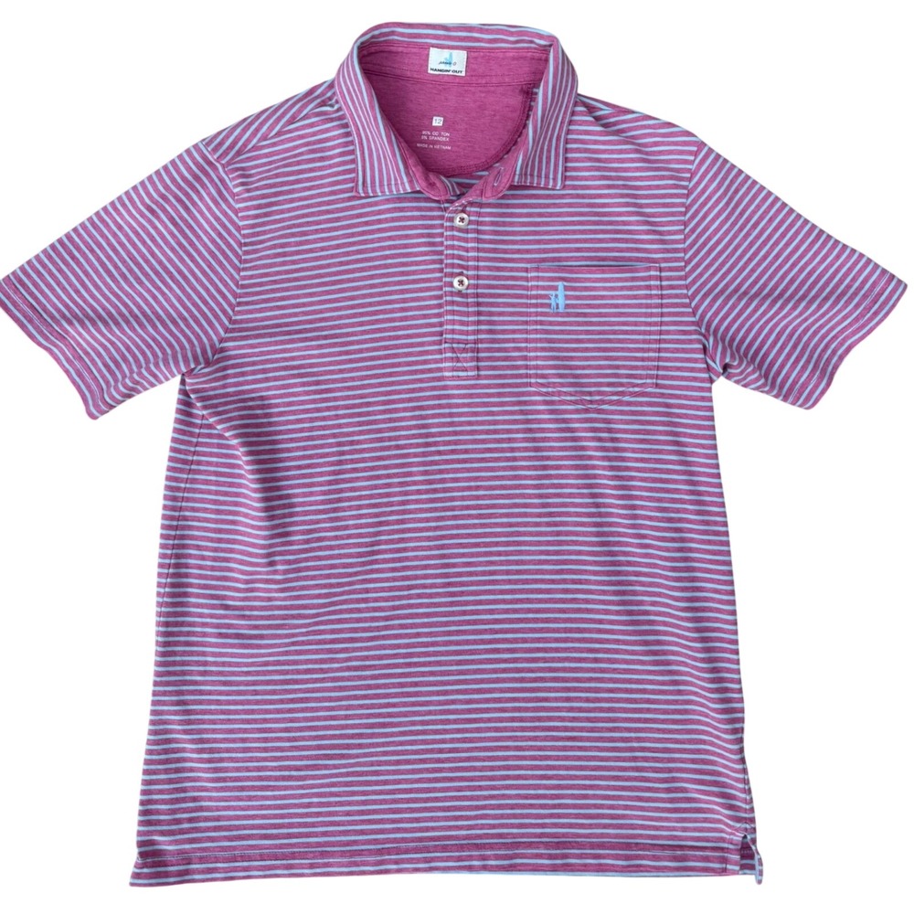 Johnnie-O Kids Pink Blue Striped Hangin Out Polo Shirt Size 12 Short Sleeve